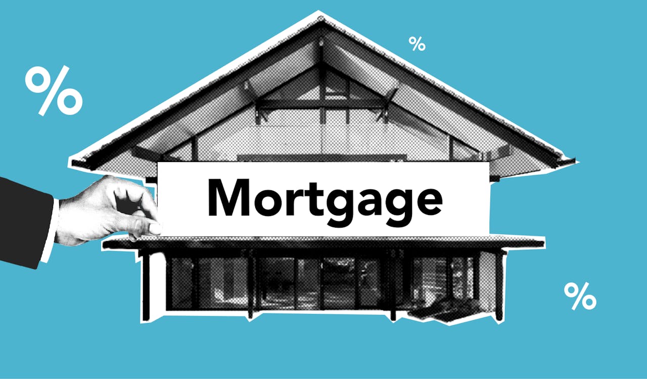 services-04 Cutout paper composition of realtor with inscription mortgage over house for purchases with payment of interest on amount of cost